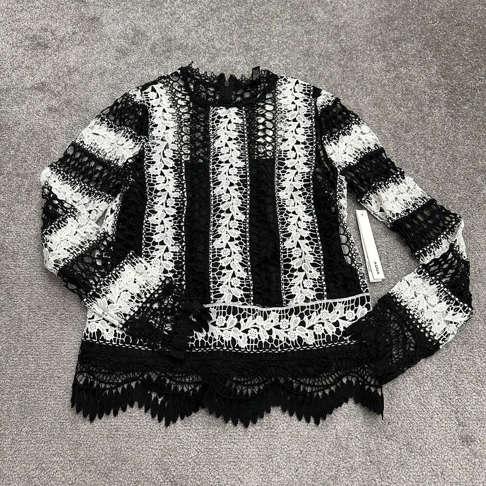 Aqua By Bloomingdale's Lace Blouse Womens Small Black White Striped Top NWT New